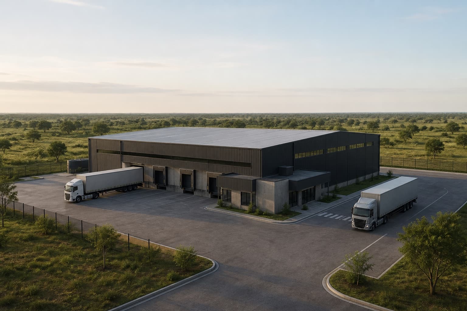 Bodega industrial con andenes de carga y tractomulas