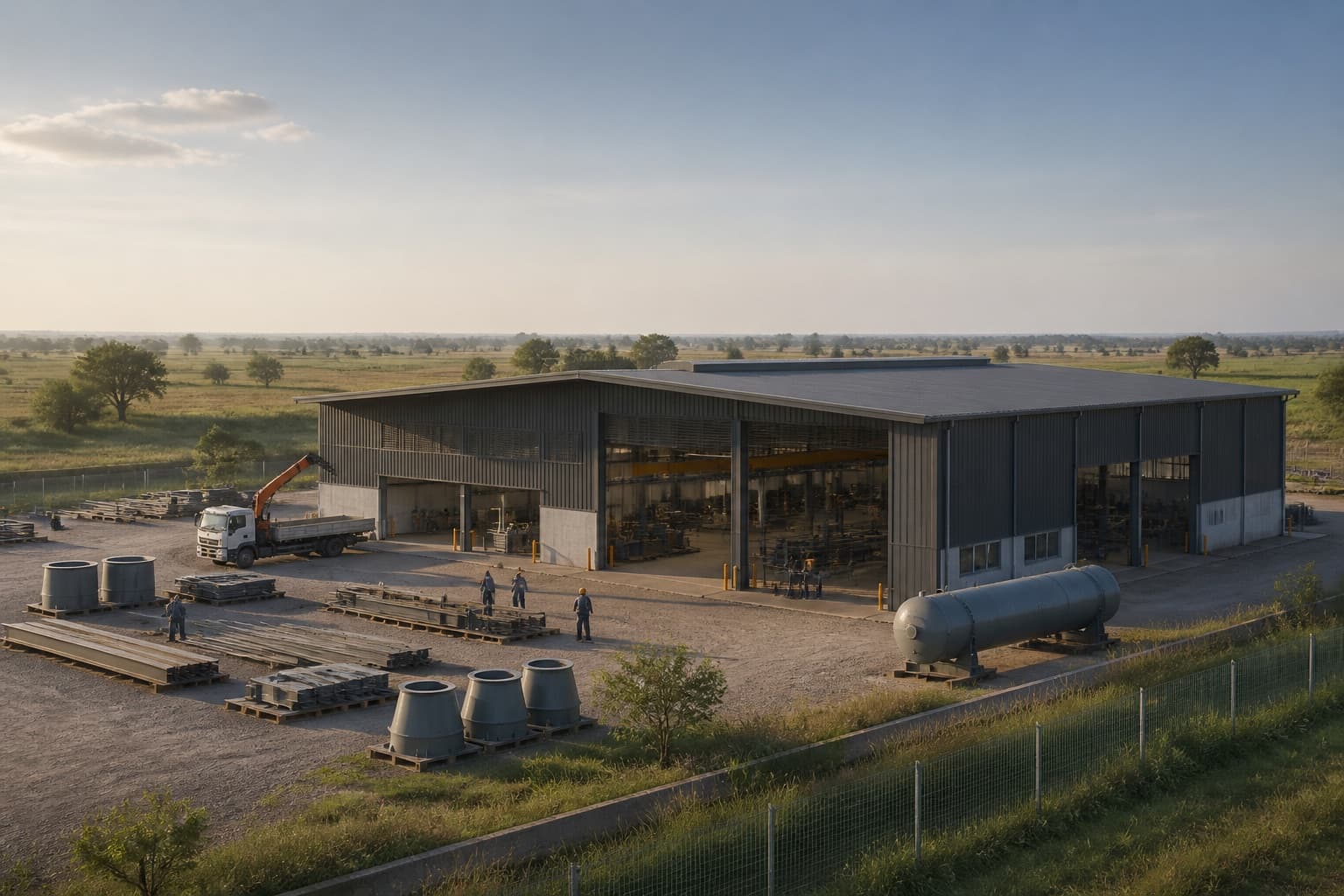 Fábrica ligera con patio de materiales y equipos