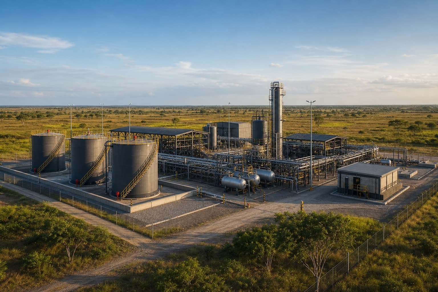 Planta de procesamiento industrial con silos y tanques